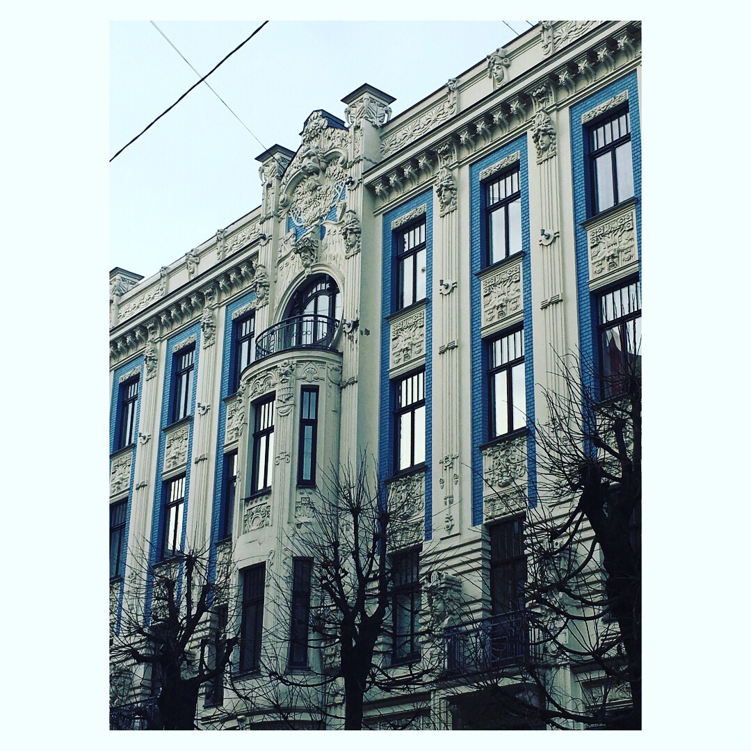 nouveau architecture white and blue historical building in riga latvia, nouveau architektūra latvijoje rygoje